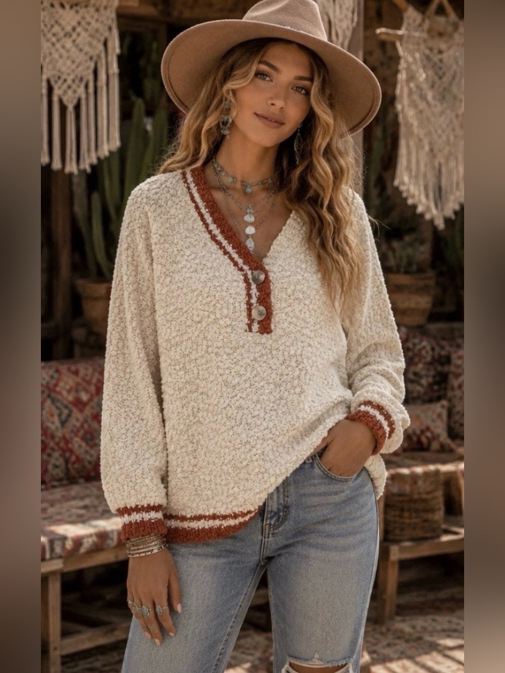 H226 New POL S ptp23 Cream Bouclé V-Neck Sweater with Rust Trim